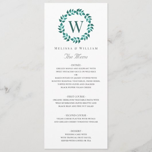 Elegant Monogram Botanische Groene Blauwgroen Brui Menu (Voorkant)