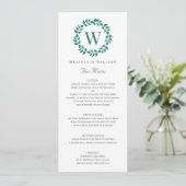 Elegant Monogram Botanische Groene Blauwgroen Brui Menu (Staand voorkant)
