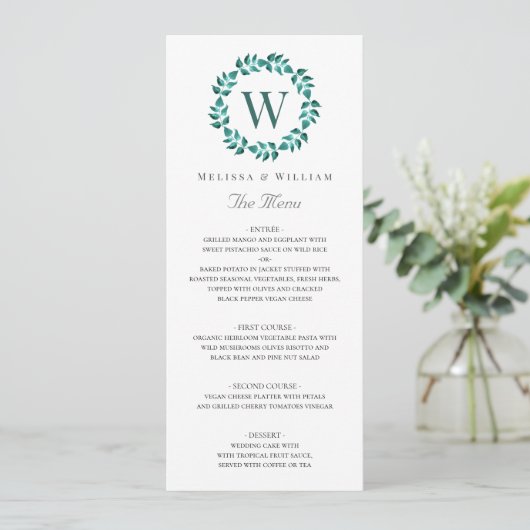 Elegant Monogram Botanische Groene Blauwgroen Brui Menu (Staand voorkant)