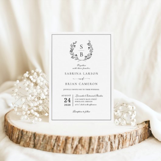 Elegant Monogram Botanische Krans QR Code Bruiloft Kaart