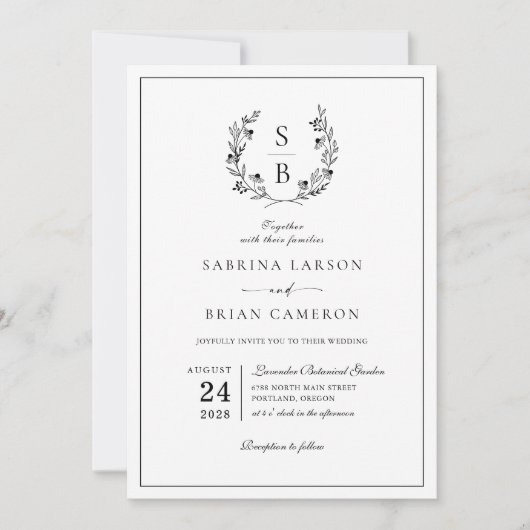 Elegant Monogram Botanische Krans QR Code Bruiloft Kaart (Voorkant)