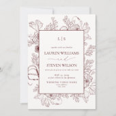 Elegant Monogram Bourgogne Floral Line Art Wedding Kaart (Voorkant)