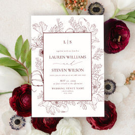 Elegant Monogram Bourgogne Floral Line Art Wedding Kaart
