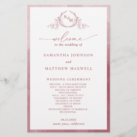 Elegant Monogram Bourgogne Trouwprogramma (Voorkant)