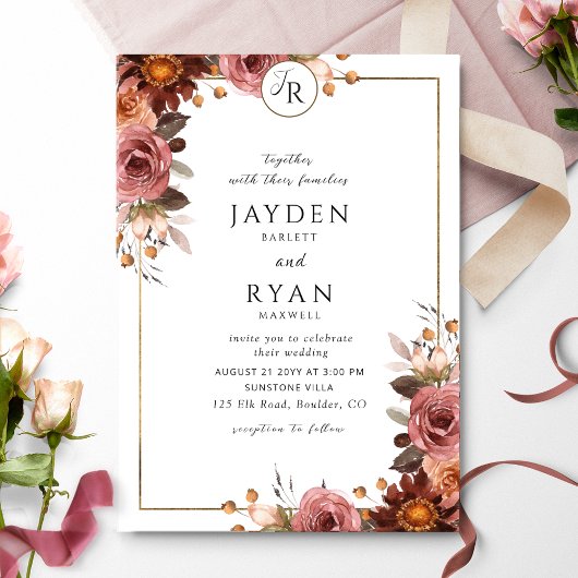 Elegant Monogram Bourgondië en Blush Wedding Kaart