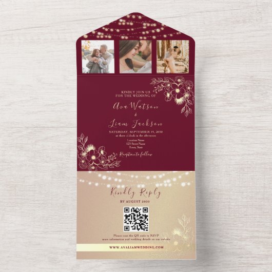 Elegant Monogram Bourgondië en gouden bruiloft All In One Uitnodiging (Binnen)