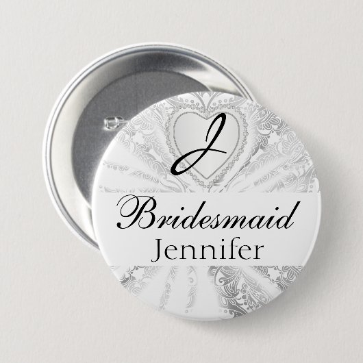 Elegant Monogram Bridal Party White Satin Design Ronde Button 7,6 Cm (Voorkant /achterkant)