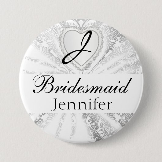 Elegant Monogram Bridal Party White Satin Design Ronde Button 7,6 Cm (Voorkant)