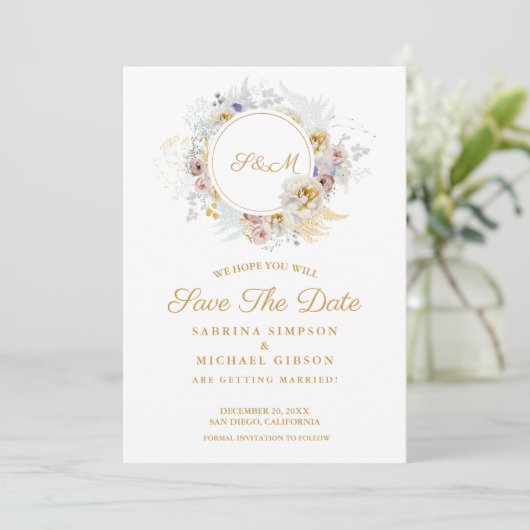 Elegant Monogram Bride Groom Name Wedding Save The Date (Staand voorkant)