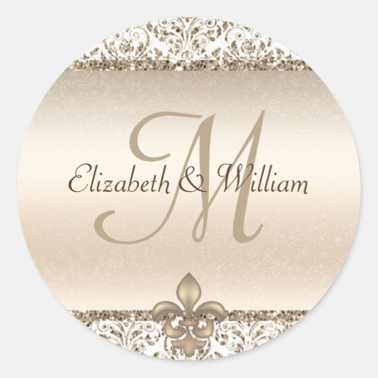 Elegant Monogram Bruiloft Champagne Fleur de Lis Ronde Sticker (Voorkant)