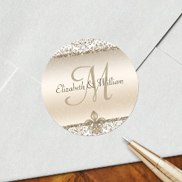 Elegant Monogram Bruiloft Champagne Fleur de Lis Ronde Sticker