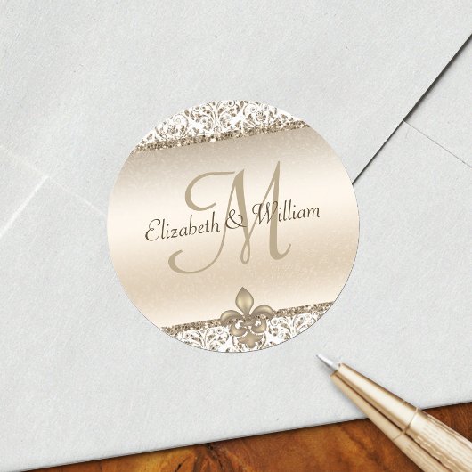 Elegant Monogram Bruiloft Champagne Fleur de Lis Ronde Sticker