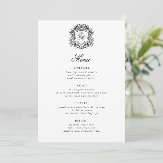 Elegant Monogram Bruiloft Crest Menu (Staand voorkant)