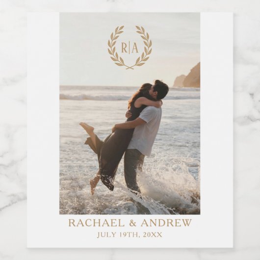 Elegant Monogram Bruiloft Goud Wit Wijn Etiket (Enkel label)