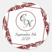 Elegant Monogram Bruiloft Maroon Ronde Stickers (Voorkant)