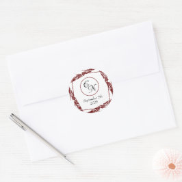 Elegant Monogram Bruiloft Maroon Ronde Stickers