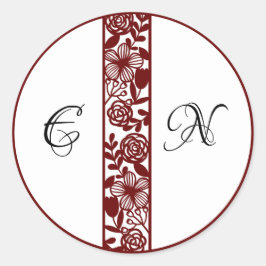 Elegant Monogram Bruiloft Maroon Ronde Stickers
