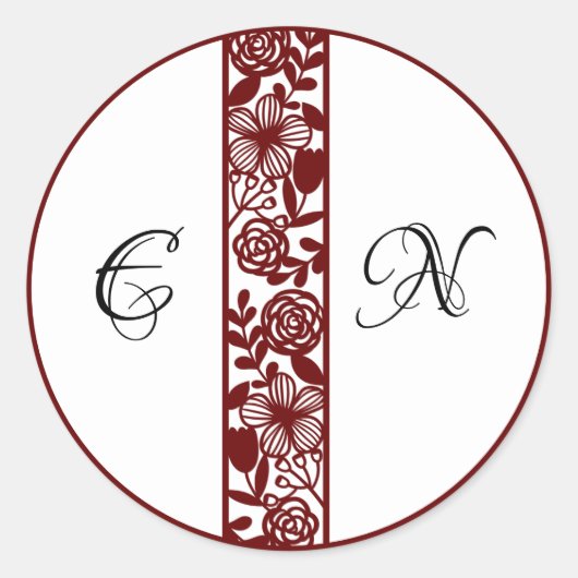 Elegant Monogram Bruiloft Maroon Ronde Stickers (Voorkant)