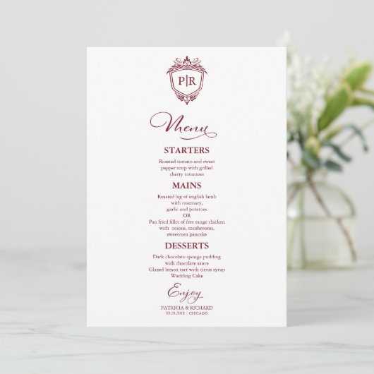 Elegant Monogram Bruiloft Menu Kaarten Bourgondië (Staand voorkant)