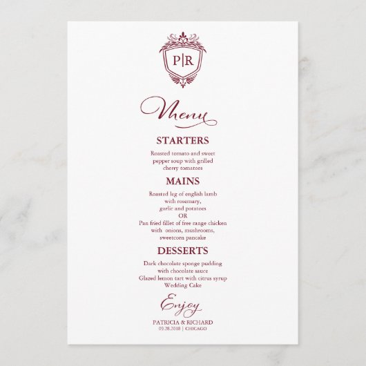 Elegant Monogram Bruiloft Menu Kaarten Bourgondië (Voorkant)