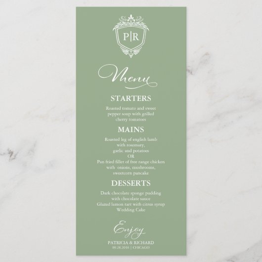 Elegant Monogram Bruiloft Menu Kaarten Sage Groen (Voorkant)