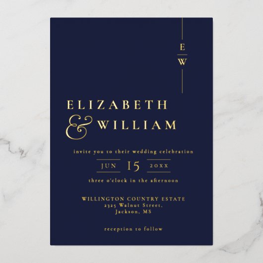 Elegant monogram bruiloft Navy blauw en goud Folie Uitnodiging (Voorkant)