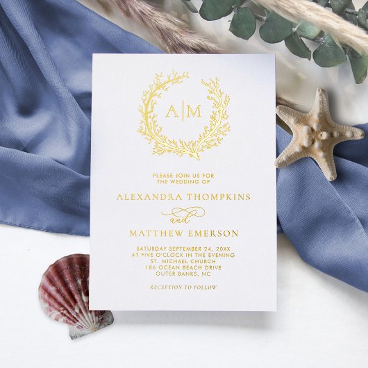 Elegant Monogram Bruiloft op het Strand Echte Goud Folie Uitnodiging