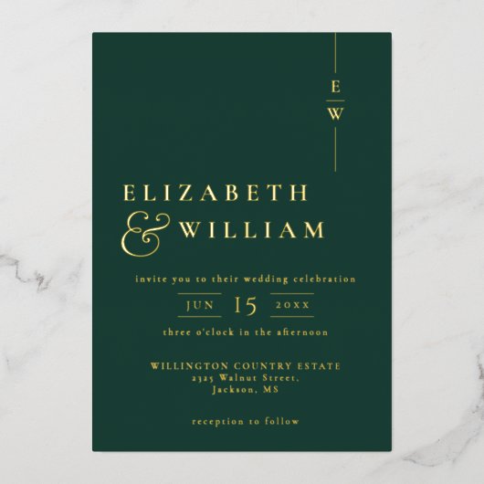 Elegant monogram bruiloft smaragdgroen en goud folie uitnodiging (Voorkant)