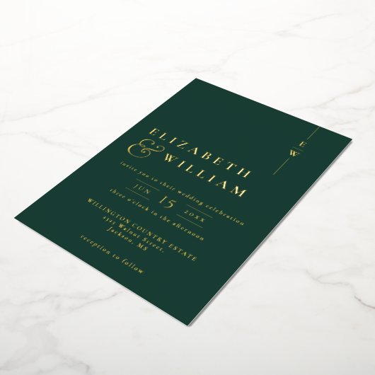 Elegant monogram bruiloft smaragdgroen en goud folie uitnodiging (Gedraaid)