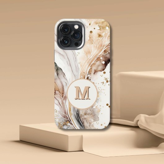 Elegant Monogram Bruin Goud Marmer Abstract Ontwer iPhone Hoesje