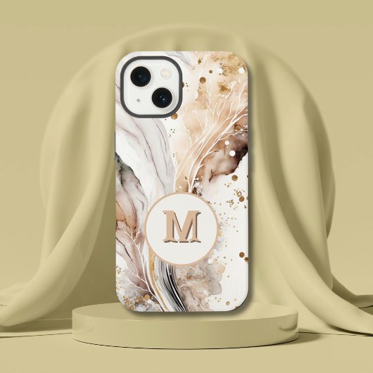 Elegant Monogram Bruin Goud Marmer Abstract Ontwer iPhone Hoesje