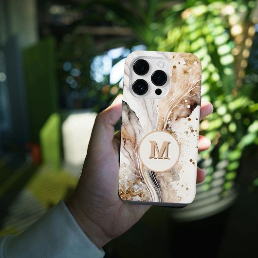 Elegant Monogram Bruin Goud Marmer Abstract Ontwer iPhone Hoesje
