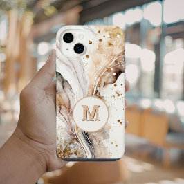 Elegant Monogram Bruin Goud Marmer Abstract Ontwer iPhone 14 Hoesje