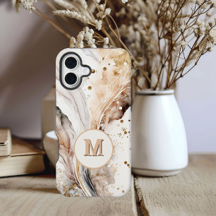 Elegant Monogram Bruine Goud Marmer Abstract Ontwe iPhone 15 Case