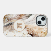 Elegant Monogram Bruine Goud Marmer Abstract Ontwe iPhone 15 Case (Achterkant horizontaal)