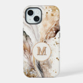 Elegant Monogram Bruine Goud Marmer Abstract Ontwe iPhone 15 Case (Achterkant)