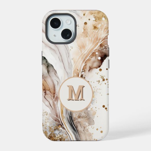 Elegant Monogram Bruine Goud Marmer Abstract Ontwe iPhone 15 Case (Achterkant)