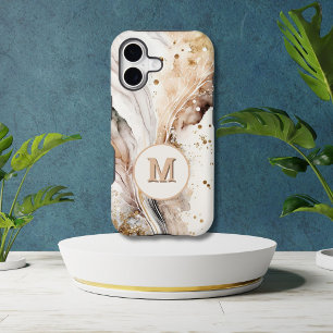 Elegant Monogram Bruine Goud Marmer Abstract Ontwe iPhone 16 Plus Hoesje