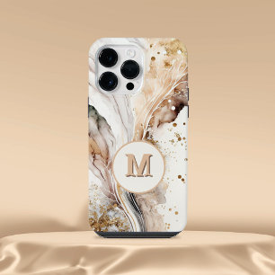 Elegant Monogram Bruine Goud Marmer Abstract Ontwe iPhone 14 Pro Max Hoesje