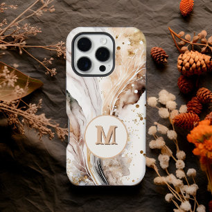 Elegant Monogram Bruine Goud Marmer Abstract Ontwe iPhone 15 Pro Case