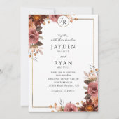 Elegant Monogram Bruine wijn en roze roze trouwfee Kaart (Voorkant)