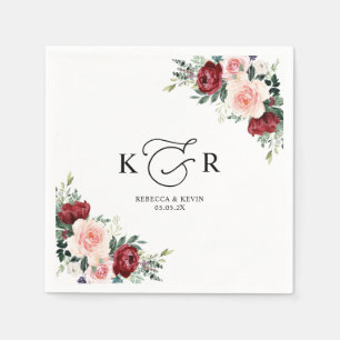 Elegant Monogram Burgundy Blush Floral Servet
