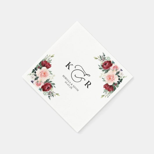 Elegant Monogram Burgundy Blush Floral Servet (Hoek)