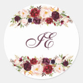 Elegant Monogram Burgundy Blush Roos Floral Wreato Ronde Sticker (Voorkant)