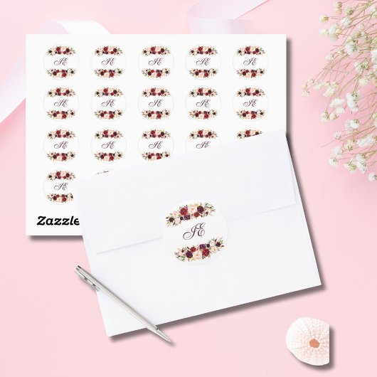 Elegant Monogram Burgundy Blush Roos Floral Wreato Ronde Sticker