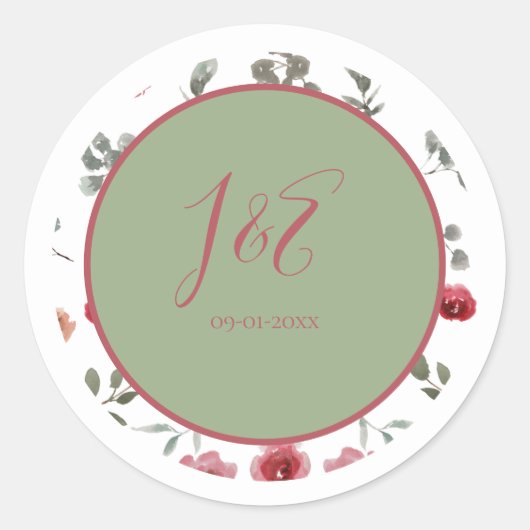 Elegant Monogram Burgundy Rozen & Sage Green Ronde Sticker (Voorkant)