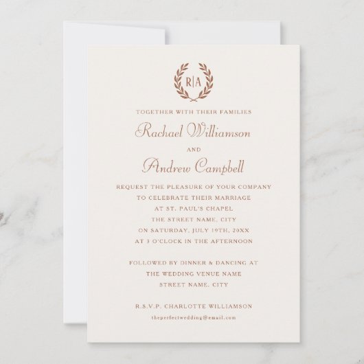 Elegant Monogram Burnt Sinaasappel Bruiloft Kaart (Voorkant)