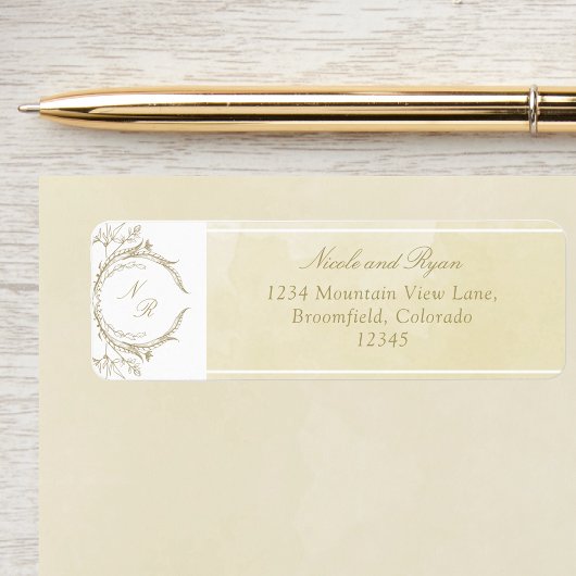 Elegant Monogram Champagne Waterverf Wedding Etiket