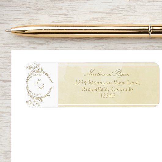 Elegant Monogram Champagne Waterverf Wedding Etiket