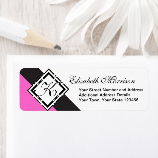 Elegant Monogram Chique Custom Zwart en Hot Pink Etiket (Insitu)